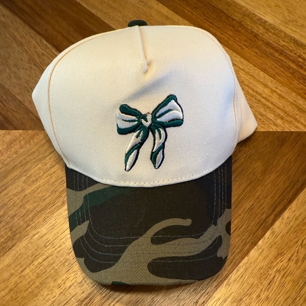 Cream and Camouflage Cap with Bow Embroidery